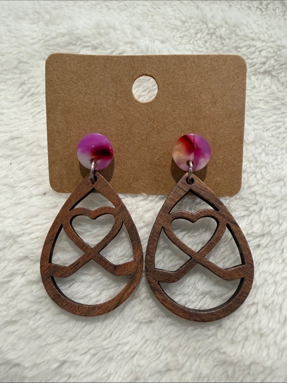 Wooden Teardrop Earrings with Pink Marble Studs